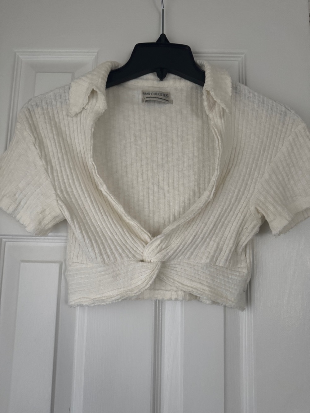 Urban Outfitters Cream Ribbed Tie-Front Crop Top